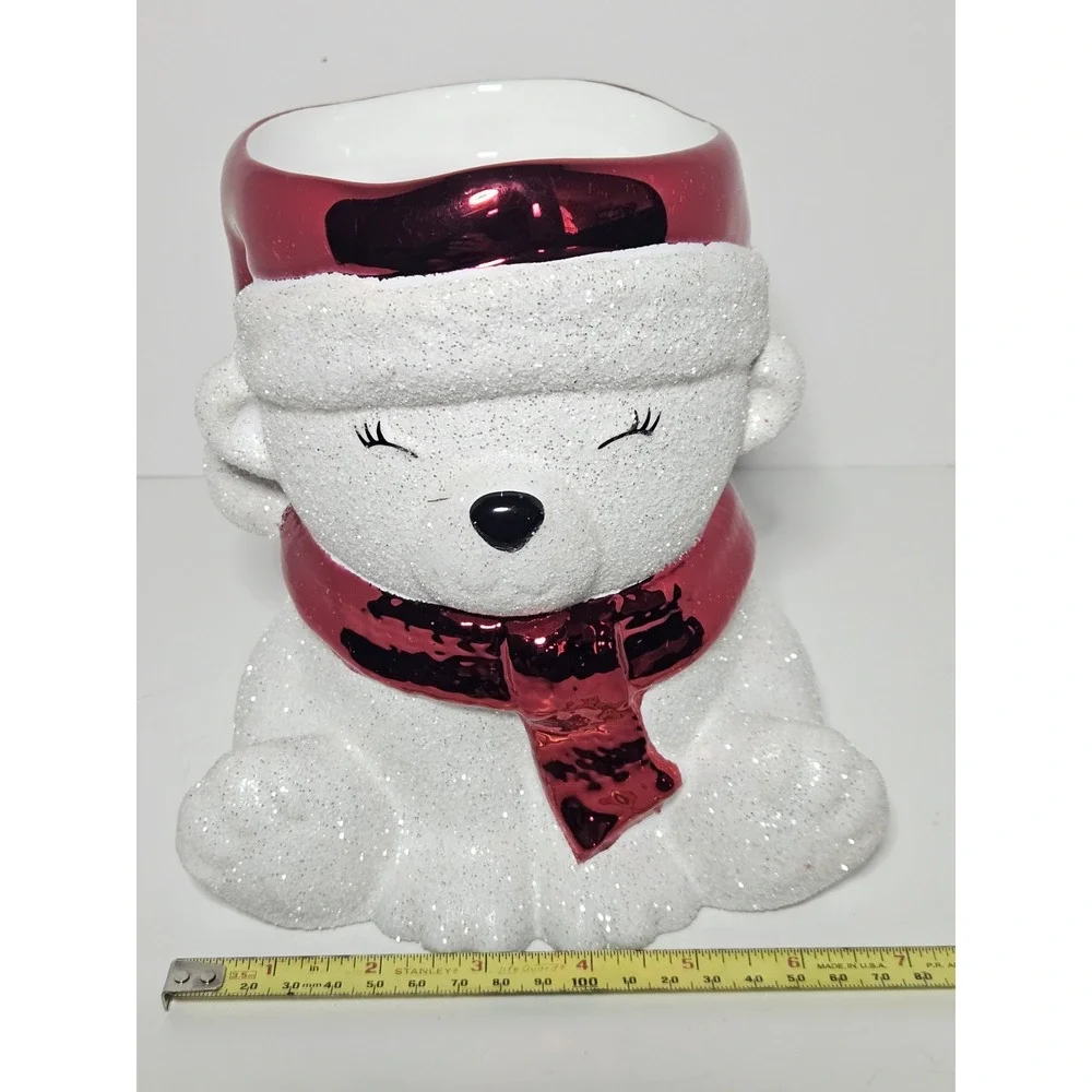 Bath & Body Works Glitter Polar Bear Santa Red Hat Scarf 3-Wick Candle Holder